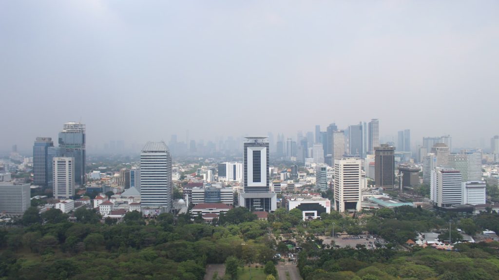 Skyscrapers rise above a green park on a hazy day.